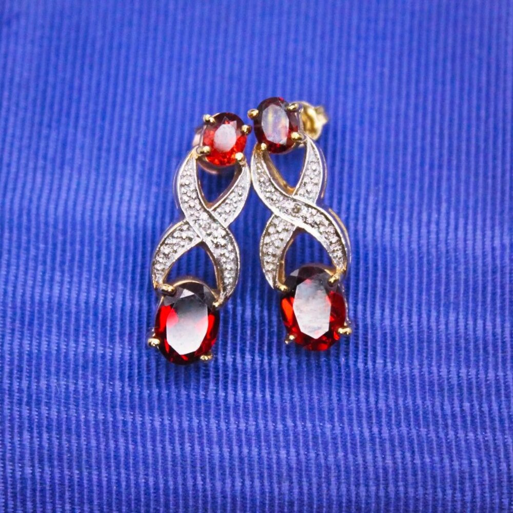 925 Sterling Silver Vermeil Garnet Diamond Hugs Kisses Vintage Drop Earrings